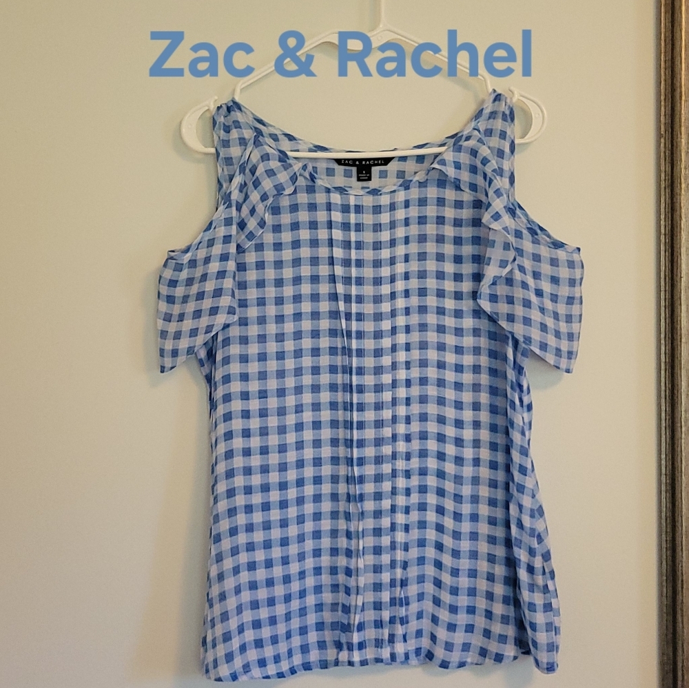 Zac & Rachel Light Blue & White Checkered Cold Shoulder Semi Sheer Blouse.Sz: S